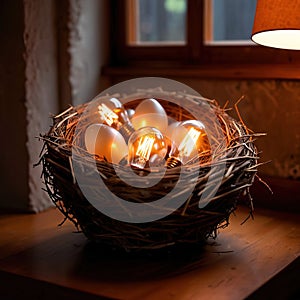 Bird\'s nest, nestegg of lightbulbs, showing storage and protection of ideas and creativity