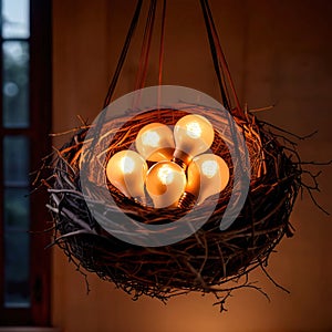 Bird\'s nest, nestegg of lightbulbs, showing storage and protection of ideas and creativity