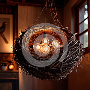 Bird\'s nest, nestegg of lightbulbs, showing storage and protection of ideas and creativity