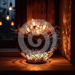 Bird\'s nest, nestegg of lightbulbs, showing storage and protection of ideas and creativity photo