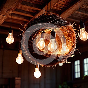 Bird's nest, nestegg of lightbulbs, showing storage and protection of ideas and creativity