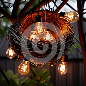 Bird\'s nest, nestegg of lightbulbs, showing storage and protection of ideas and creativity photo