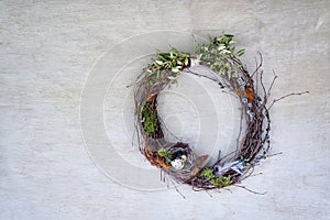 Bird`s nest with two eggs on a wreath of willow twigs against a gray plastered wall. Directly above