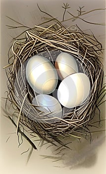 bird\'s nest with white eggs