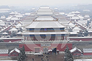 bird's view of forbidden city in snowing