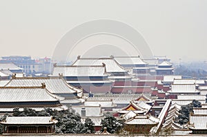 bird's view of forbidden city in snowing
