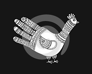 Bird shape made from hand palm and fingers, ornate sketch for your design.