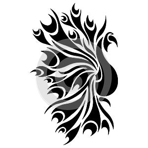 Bird silhouette Firebird, peacock tattoo, painted black, drawn in different lines. Phoenix bird logo, emblem for design of company