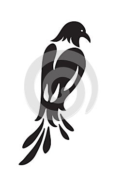 Bird similar to magpie. Stylized silhouette black on white