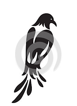 Bird similar to magpie. Stylized silhouette black on white photo