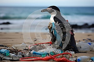 A bird sits atop a mound of garbage, underscoring the detrimental effects of pollution on animals., Penguin on the beach with