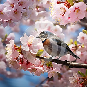A bird sits on a branch between cherry blossoms generated by artificial intelligence