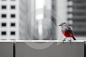 a bird sitting on a ledge in front of tall buildings