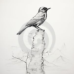 Bird Sitting On Rock: A Pencil Drawing In The Style Of Nick Walker