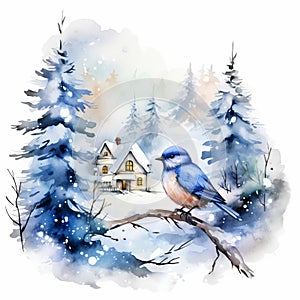 Bird sitting on the snowy branch watercolor painting