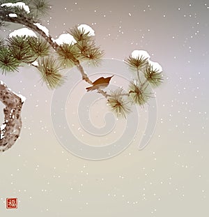 Bird in snowy pine tree. Traditional oriental ink painting sumi-e, u-sin, go-hua. Translation of hieroglyph - zen