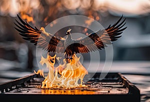 a bird is standing on fire in the middle of the frame