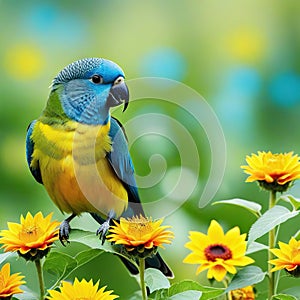 a bird is standing on a flower garden with many flowers in the background and a painting of a yellow