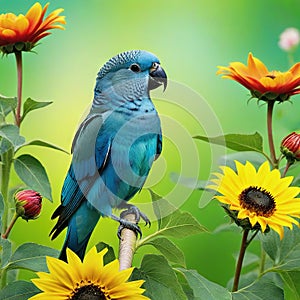 a bird is standing on a flower garden with many flowers in the background and a painting of a yellow