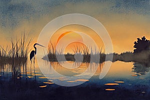Bird Standing in Water at Sunset. Generative AI