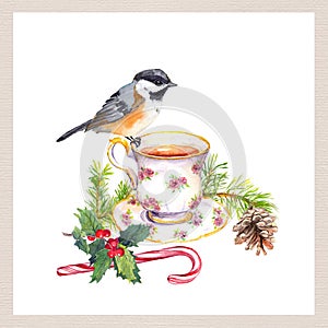 Bird, tea cup, christmas tree branch with cone, candy cane. Tea party card. Watercolor for teatime