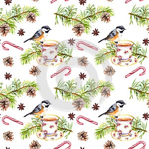 Bird, tea cup, pine tree branch. Repeating pattern. Watercolor