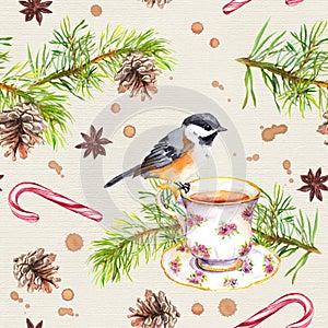 Bird, tea cup, pine tree branch. Repeating pattern. Watercolor