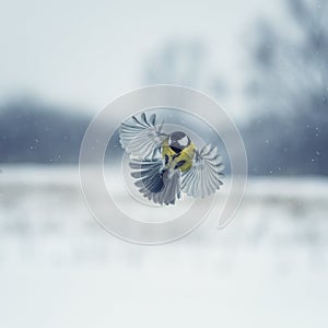 Bird tit flying  in the winter garden under the falling snow spreading its feathers and wings