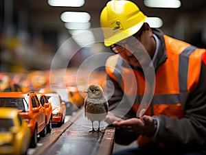 Bird traffic cop directs miniature cars