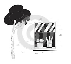 Bird on tree near open window building black and white cartoon flat illustration
