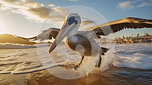 Photorealistic Pelican Running On Beach: Vray Tracing And Unreal Engine photo