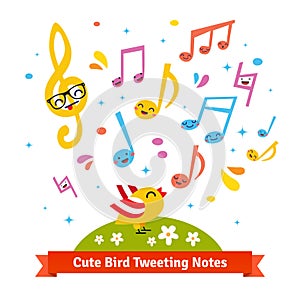 Bird tweeting and singing cartoon musical notes