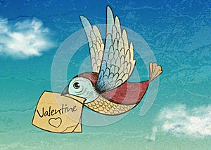 Bird with valentine card. Invitation