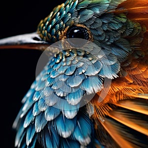 a bird with a very colorful feathery head, on a black background