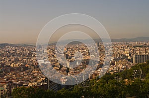 Bird view of Barcelona at summer and sunset photo