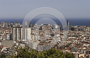 Bird view of Barcelona at summer time and sunset photo