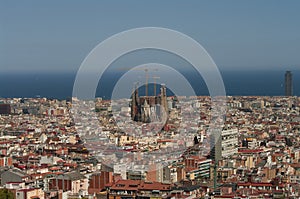 Bird view of Barcelona at summer time and sunset photo