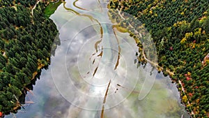 Bird view of Beautiful Moon Lake in autumn