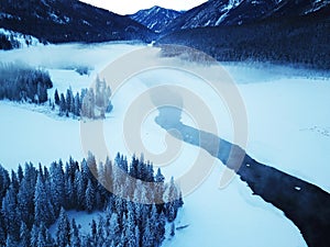 Bird view of Kanas Lake in Winter