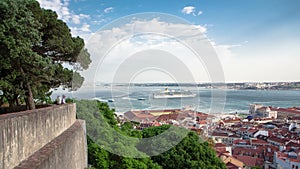 Bird view of Lisboa downtown. Baixa rooftops with the Commerce square. Portugal timelapse photo