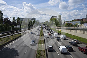 Bird view of the Peripherique circular road around Paris under a blue and nice sky