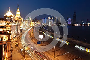 Bird view at Shanghai Bund European-style buildings of night