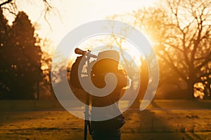 bird watcher in a park at sundown, telescope in hand