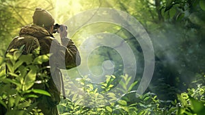 The bird watcher using binocular and searching for the bird in a forest. AIG43.