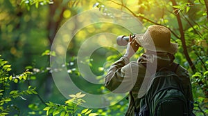 The bird watcher using binocular and searching for the bird in a forest. AIG43.