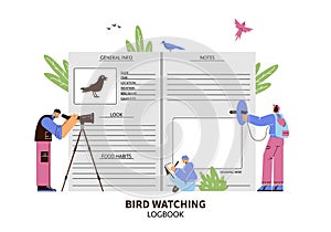 Bird watching logbook with tiny characters - flat vector illustration isolated on white background.