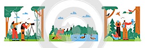 Bird watching and ornithology set with ornithologists flat vector isolated.