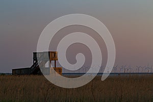 Bird watching place and windmills in the horizon