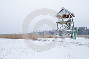 Bird watching tower in lake Kanieris, Latvia. 2018