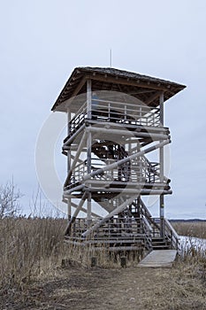 Bird watchtower in Winter time, cloudy day